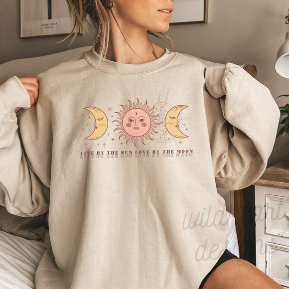 Tops - Live By The Sun Love By The Moon Sweatshirt, Celestial Shirt, Unisex Crew Neck